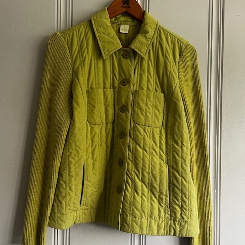 Women's Button Front Jacket Mixed Media Green Cute Long Sleeve Knit Size M